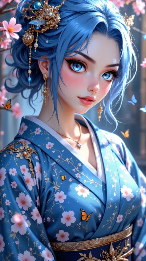 8k, Masterpiece, Top Quality, Three-quarter view, blue hair, updo, butterfly hairpiece, earrings, serene expression, blue kimono, flower pattern, gold accents, starry effect, cherry blossoms, butterflies, soft lighting, detailed rendering.