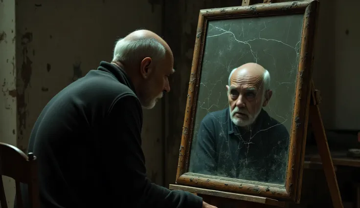 in an old, shabby workshop stands dusty, a cracked mirror. An old artist sits in front of him, his hunched figure is frozen in dim light. tired face, wrinkled, Full of anguish, but when he looks into the mirror, , the reflection of an unnaturally blurred, ...
