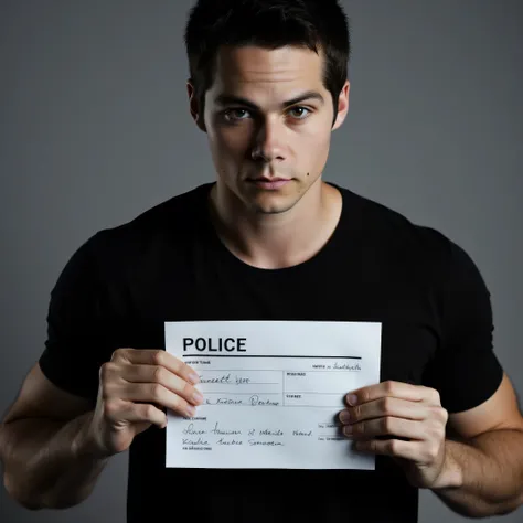 ((Dylan O'Brien)) facing the camera, black t-shirt, Holding a sign with your hands of a police record.