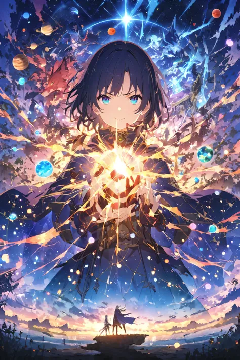 , In the photo, Creates a dreamy futuristic atmosphere, That is:,that fits his light blue eyes、is a character of a young man with short black hair wearing a wizard that covers his whole body and shines blue light on his hood, It fits his light blue eyes. f...