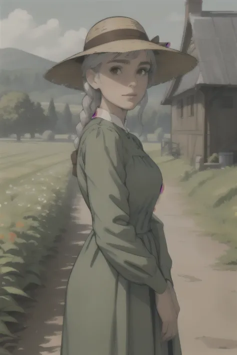 upper body, (best quality), (masterpiece), (solo), 1girl, grey hair, brown eyes, braided hair, green dress, hat, countryside farm, looking at viewer,