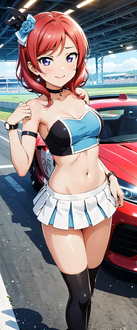 best quality, super high resolution, One person, small breasts, black choker, smile, exposes shoulders, focus only , Viewers,Fair skin,car race track,photon mapping, Physically Based Rendering, RAW photos , very detailed background, K-pop Idol ,depth ...