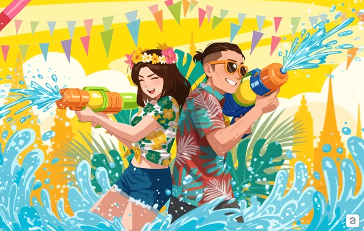 "Create an illustration of a festive Songkran scene featuring a 20-year-old boy wearing a floral-patterned shirt, holding a water gun, facing left, leaning against a 20-year-old girl. She is also wearing a floral-patterned shirt and a flower headband, hold...