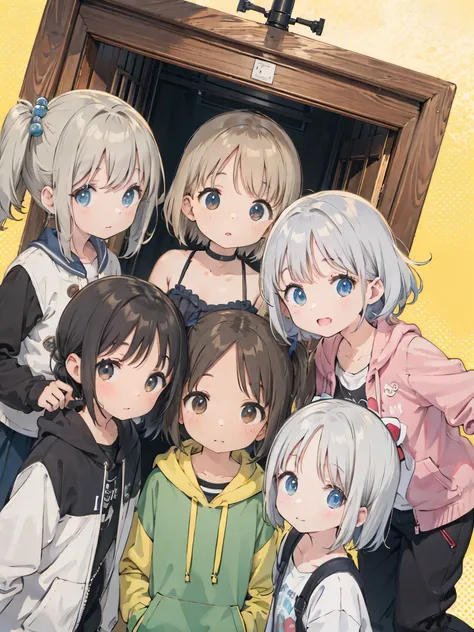 top quality , masterpiece, mean smile 、8k、Ultra-fine、 black hair、 Silver Hair、 Gold、4girls、 prank、 overaction、 moving angle、 pastel background、whole body、 at dusk