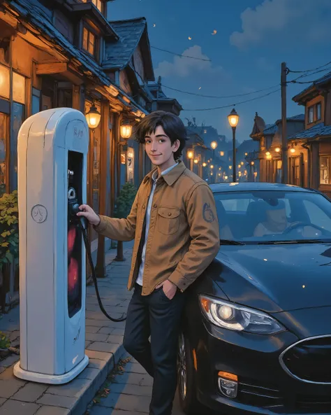 "A young man with a confident smile, casually leaning against a sleek black electric car at a charging station at night. The scene is illuminated by warm streetlights, with a deep blue starry sky above. The art style is inspired by Studio Ghibli, featuring...