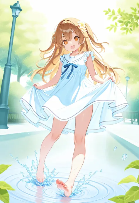 of the best quality、high definition、high image quality、masterpiece、detailed background、Water place in the park where the spring sun shines down、Girls in white sailor dresses playing innocently while splashing water、A dress with clear laughter and wind、Ripp...