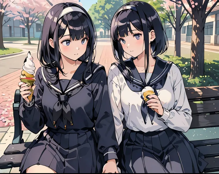 sailor suit facing right, Two female students, (beautiful woman, Delicate schoolgirl:1.3), 8k, of the best quality, masterpiece, very well detailed, ultra high definition, realistic, RAW photo, absolute resolution, black hair, 女子学生で bob cut hair and semi-l...