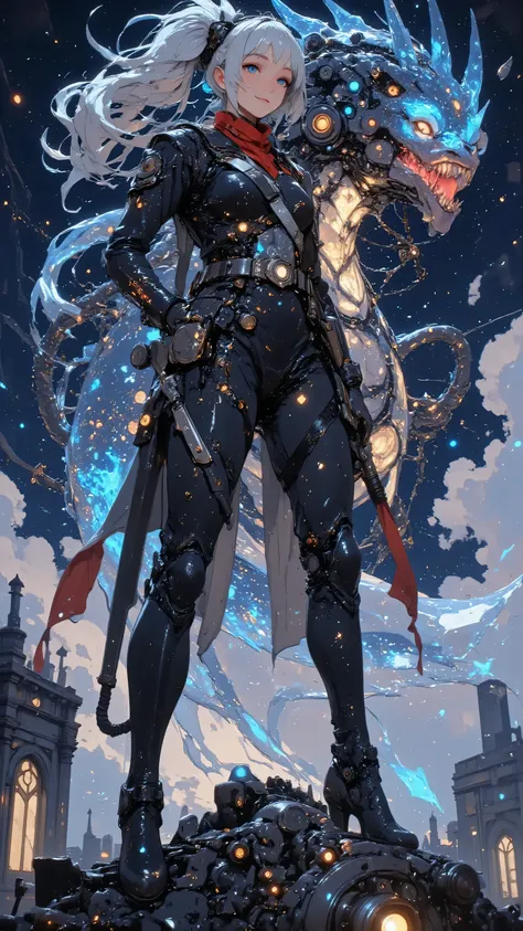 A towering robot stands proudly amidst a nebula of swirling stardust, its mechanical frame adorned with scars of past cosmic battles. Shattered fragments of defeated machines and discarded metal drift in zero gravity, illuminated by dramatic lighting. Peta...