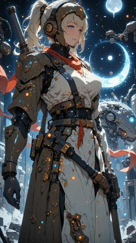 A towering robot stands proudly amidst a nebula of swirling stardust, its mechanical frame adorned with scars of past cosmic battles. Shattered fragments of defeated machines and discarded metal drift in zero gravity, illuminated by dramatic lighting. Peta...