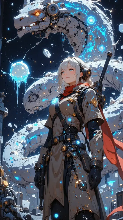 A towering robot stands proudly amidst a nebula of swirling stardust, its mechanical frame adorned with scars of past cosmic battles. Shattered fragments of defeated machines and discarded metal drift in zero gravity, illuminated by dramatic lighting. Peta...