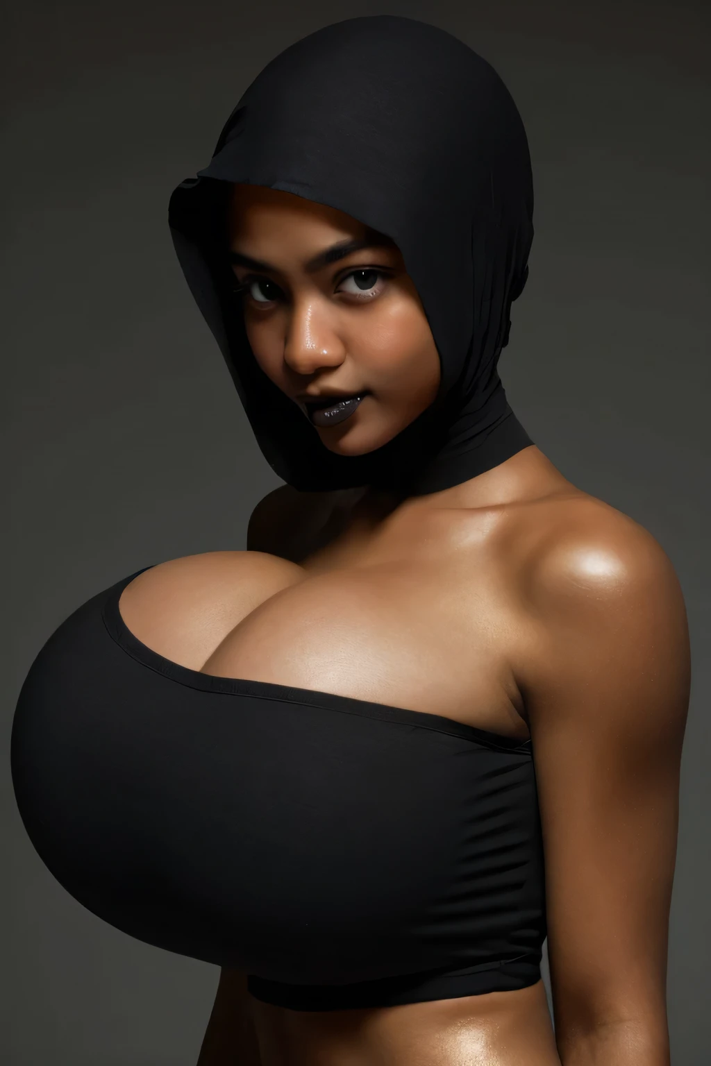 Skinny, green fluorescence Strapless Jumbo (Fatty), adorable, (1 girl), (face to face), , baby face, sad, half body portrait, (face details: 1), (eye details: 1), ((big breasts Solid:1.54)). wearing translucent (transparent) transparency (soft short t-shir...