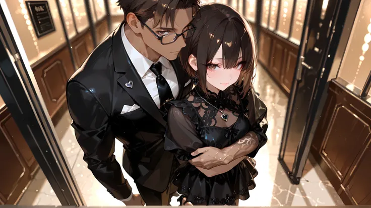 masterpiece,best quality,amazing quality, detailed eyes, very aesthetic, depth of field, detailed background, 1boy, 1girl, male has brown skin, male has long face, male has low fade hair , male has dark brown eyes, black hair, male is muscular, male wearin...