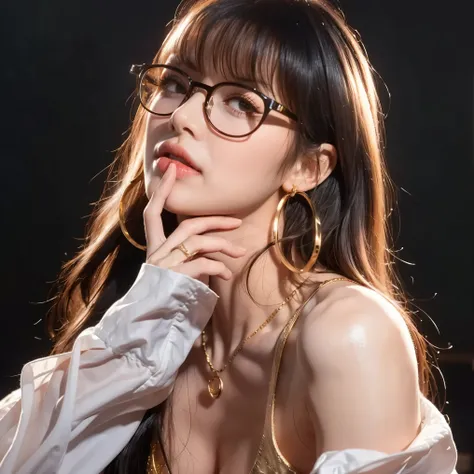 A 21-year-old girl，Shrug，captivating eyes，Fascinating action，portrait， lying position ，side，(( squint )),(long black hair，Straight Hair)(white translucent white shirt business wear，tie，The neckline is slightly untied) Girl with flax-colored hair who looks ...