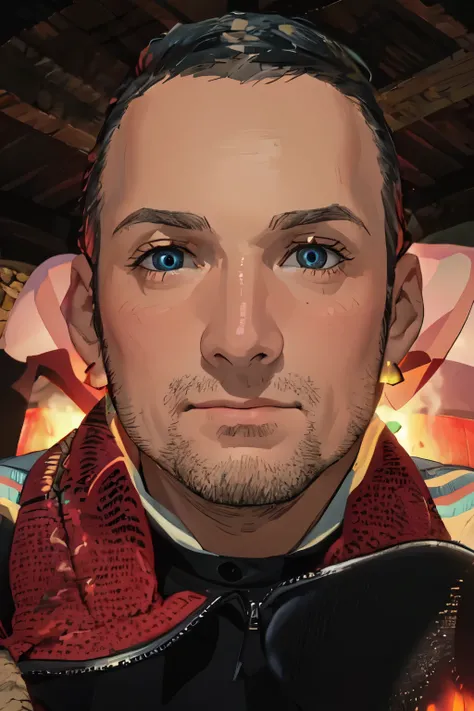 masterpiece, 1 , Alone , howl_ Jenkins , blue eyes, detailed eyes, collar, earrings, joyería, camisa blanca, black pants, Sitting near a campfire, forest, por la noche, stars, officer,