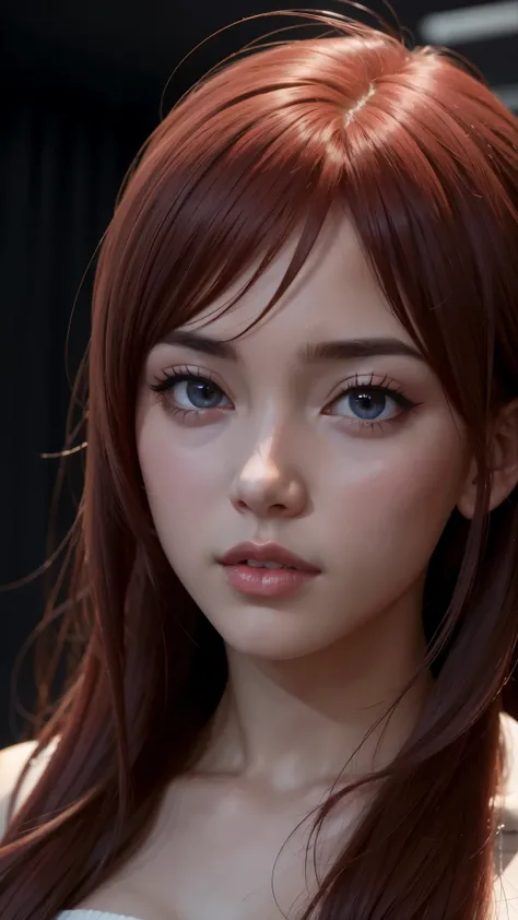 1 , Star Eye, , perfect lighting, red hair, and the eye is red, Unreal Engine, side lighting, Detailed Faces, fringe , glowing skin, simple bottom, dark background