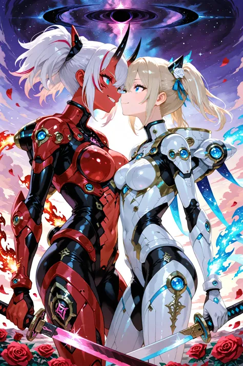 Two girls kiss passionately amidst the infinite void of a galactic frontier, rendered with watercolor (0.4) and pastel (0.6) aesthetics. Left: a short human knight, a starbound settler in a loosened white rose exosuit with glowing circuits, her jet-black t...