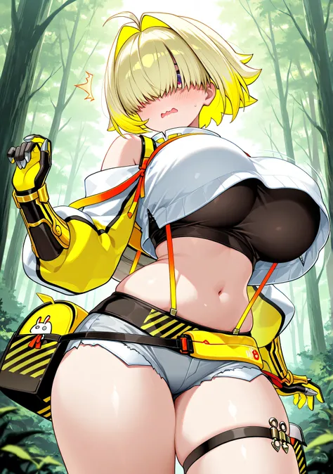 8k wallpaper,Masterpiece, high quality, amazing quality, very aesthetic, absurd, latest, Masterpiece, high details,solo, elegg, short hair, floating hair, bangs, hair intakes, multicolored hair, ((hair over eyes)), crop top, bare shoulders, long sleeves, s...