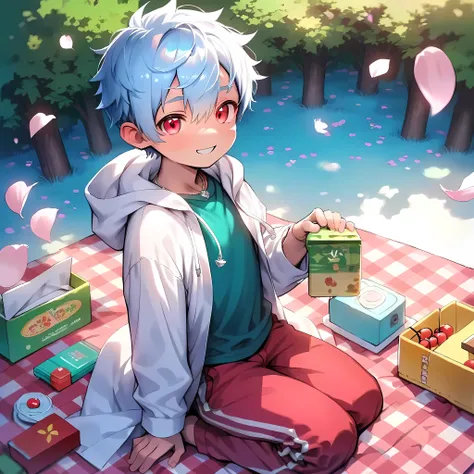 (score_9, score_8_up), (perfect face), (detailed face:1.3), (detailed eyes:1.3), (shiny eyes), (masterpiece eyes), (cute face:1.2), (shota:1.5), (seiza on leisure picnic sheet:1.3), (picnic blanket with cute animal patterns:1.2), (arched back), BREAK (whit...