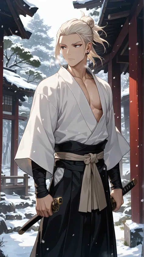 solo, 1boy, holding, closed mouth, jewelry, standing, male focus, weapon, outdoors, earrings, japanese clothes, day, sword, kimono, holding weapon, hair bun, tree, looking to the side, sash, holding sword, pectorals, katana, sheath, hakama, hakama skirt, s...