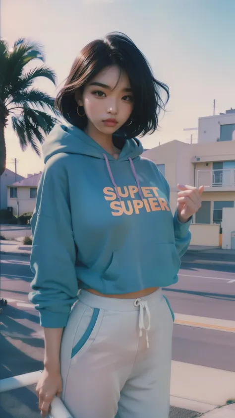 8k, 1 girl, ultra high definition,beautiful, Black Bob Hairstyle, ((orange is too big hoodie)), is too big_shirt, sweatpants , Evening Light ,,Take a walk,purple slacks, watch viewers, (((80's architecture colorful motel))) ,perfect beautiful face,perf...