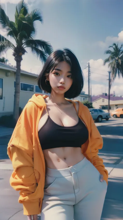 8k, 1 girl, ultra high definition,beautiful, Black Bob Hairstyle, ((orange is too big hoodie)), is too big_shirt, sweatpants , Evening Light ,,Take a walk,purple slacks, watch viewers, (((80's architecture colorful motel))) ,perfect beautiful face,perf...