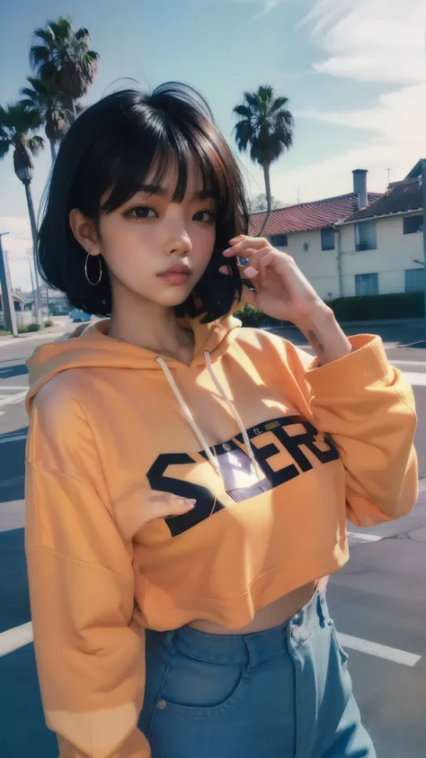 8k, 1 girl, ultra high definition,beautiful, Black Bob Hairstyle, ((orange is too big hoodie)), is too big_shirt, sweatpants , Evening Light ,,Take a walk,purple slacks, watch viewers, (((80's architecture colorful motel))) ,perfect beautiful face,perf...