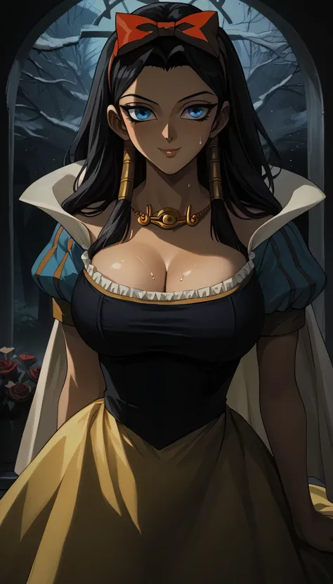 , sweat,Give your images flat even illumination (negative) or dramatic chiaroscuro lighting (positive),huge breast,II, 1girl, black hair, blue eyes, hair tubes, eye of horus necklace, smile, snow white cosplay, snow white (disney) (cosplay), cosplay, dress...