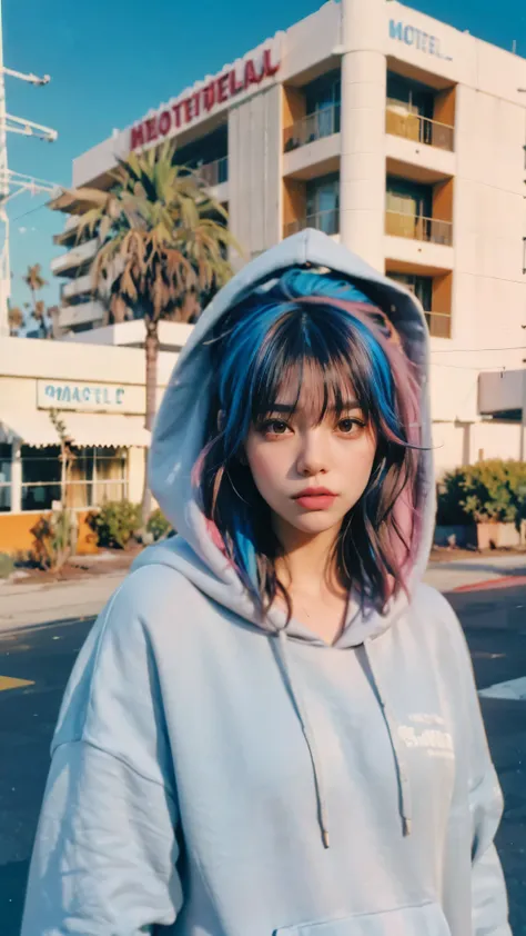 8k, 1 girl, beautiful, messy hair, (orange is too big hoodie), is too big_shirt, sweatpants ,, close-up, watch viewers, (((80's architecture colorful motel))) ,palm tree, blue sky, Sunny Summer, Los Angeles Vibe (photorealistic:1.2), (Super Real:1.3), (ve...