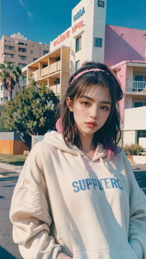 8k, 1 girl, beautiful, messy hair, (orange is too big hoodie), is too big_shirt, sweatpants ,, close-up, watch viewers, (((80's architecture colorful motel))) ,palm tree, blue sky, Sunny Summer, Los Angeles Vibe (photorealistic:1.2), (Super Real:1.3), (ve...