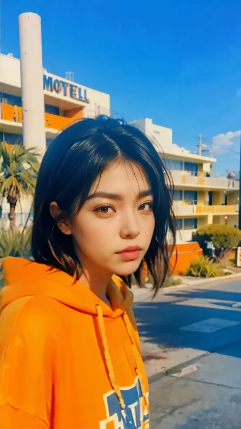 8k, 1 girl, beautiful, messy hair, (orange is too big hoodie), is too big_shirt, sweatpants ,, close-up, watch viewers, (((80's architecture colorful motel))) ,palm tree, blue sky, Sunny Summer, Los Angeles Vibe (photorealistic:1.2), (Super Real:1.3), (ve...