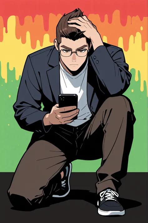 (best quality:1.1), (ultra-detailed), best illustration, (portrait:1.1), (cartoon drawing), oung man, (((boy))), alone, (medium quiff brown hair), (brown eyes with detailed prescription glasses with a black frame), (brown eyebrows), (wearing a shirt and a ...