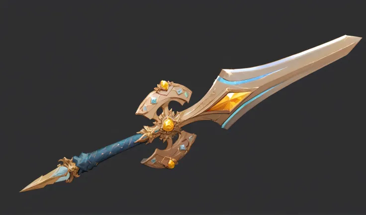 weapons,Golden Sword,inlaid with crystal gemstones,The sword has blue magic light,Realistic metal texture,Real metal texture,hand drawn style,anime style,Thick coating style