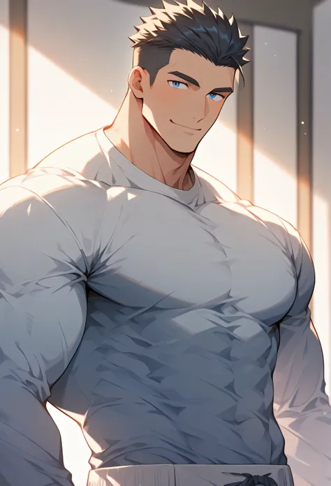 score_9, score_8_up, score_7_up, score_6_up, 1boy, solo, straight hair, short hair, silver white short hair. young face, handsome. A short haircut with shaved sides, including the temples and nape of the neck. Blue eyes, bodybuilder body, huge muscular, gi...