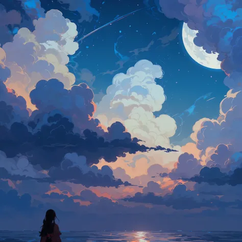 1girl, solo, alone, 
sea,sunset,full moon,rainbow clouds,at night,
flat colors,high saturation, high contrast,
Minimalism Portrait Flat ,minimalist European fashion, vintage modern fusion, red white black outfits,

(masterpiece:1.2), (best quality:1.2), (a...
