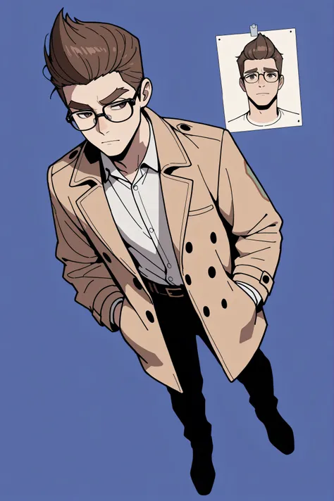 (best quality:1.1), (ultra-detailed), best illustration, (portrait:1.1), (cartoon drawing), oung man, (((boy))), alone, (medium quiff brown hair), (brown eyes with detailed prescription glasses with a black frame), (brown eyebrows), (wearing a shirt and a ...