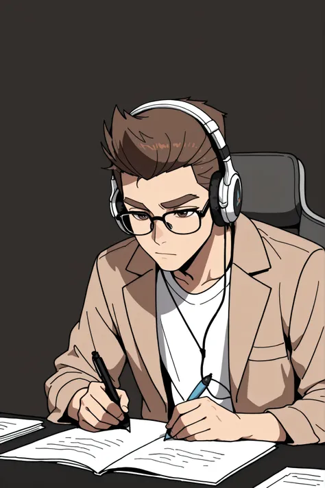 (best quality:1.1), (ultra-detailed), best illustration, (portrait:1.1), (cartoon drawing), oung man, (((boy))), alone, (medium quiff brown hair), (brown eyes with detailed prescription glasses with a black frame), (brown eyebrows), (wearing a shirt and a ...