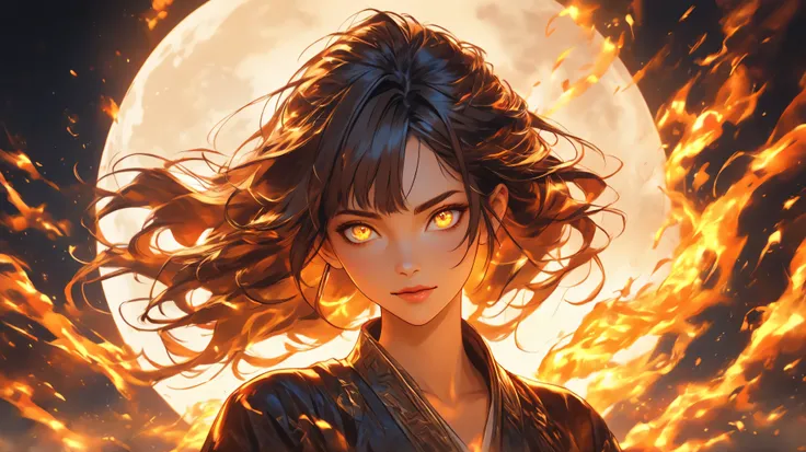 Semi-realistic digital painting of a fierce young woman with chestnut-brown hair, glowing orange and yellow eyes, gazing intensely at the viewer, illuminated by the soft moonlight, and the fire within her eyes. Set in a dramatic night sky with a full moon ...