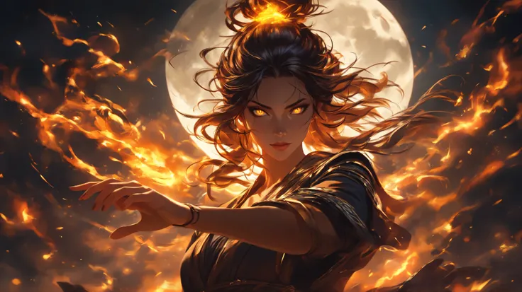 Semi-realistic digital painting of a fierce young woman with chestnut-brown hair, glowing orange and yellow eyes, gazing intensely at the viewer, illuminated by the soft moonlight, and the fire within her eyes. Set in a dramatic night sky with a full moon ...