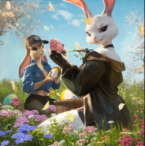 Ultra realistic illustration , animal anthropomorphism,Two bunnies in front and back,kneel in the flowers,participate in the Easter egg painting event,happy atmosphere,sunny,Petals float in the sky,HD,8K,detailed,Realistic Material,Perfect masterpiece, mo...