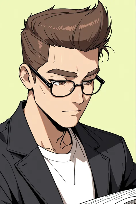 (best quality:1.1), (ultra-detailed), best illustration, (portrait:1.1), (cartoon drawing), oung man, (((boy))), alone, (medium quiff brown hair), (brown eyes with detailed prescription glasses with a black frame), (brown eyebrows), (wearing a shirt and a ...