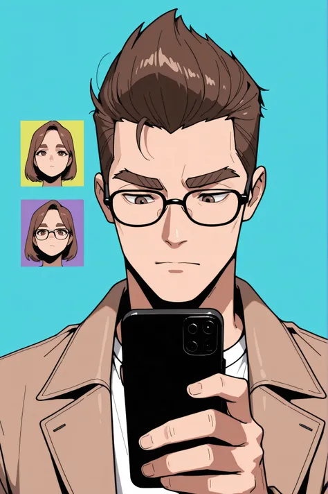 (best quality:1.1), (ultra-detailed), best illustration, (portrait:1.1), (cartoon drawing), oung man, (((boy))), alone, (medium quiff brown hair), (brown eyes with detailed prescription glasses with a black frame), (brown eyebrows), (wearing a shirt and a ...