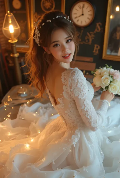  best quality , Super quality, 16k,  Unbelievably Absurd,  very detailed,  lovely photo,  delicate and dynamic,  Kiri Reina female,  seductive smile,  pure white wedding dress ,  great style , bouquet,  steampunk,  DIESEL PUNK ,  clock punk ,  cyberpunk, G...