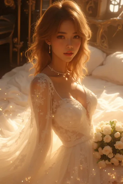 best quality , Super quality, 16k,  Unbelievably Absurd,  very detailed,  lovely photo,  delicate and dynamic,  Kiri Reina female,  seductive smile,  pure white wedding dress ,  great style , bouquet,  steampunk,  DIESEL PUNK ,  clock punk ,  cyberpunk, G...