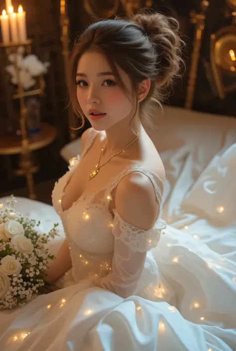 best quality , Super quality, 16k,  Unbelievably Absurd,  very detailed,  lovely photo,  delicate and dynamic,  Kiri Reina female,  seductive smile,  pure white wedding dress ,  great style , bouquet,  steampunk,  DIESEL PUNK ,  clock punk ,  cyberpunk, G...