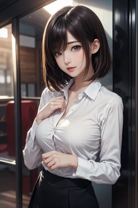 1 girl, Mid Shot Angle , wallpaper, digital paint, cute anime , uses straight bob hair , beautiful breasts, radiant skin, Natural Face Lighting , The excrement style business suit, dress shirt, skirt, (large breasts:1.4), (masterpiece, of the b...