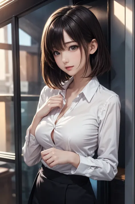 1 girl, Mid Shot Angle , wallpaper, digital paint, cute anime , uses straight bob hair , beautiful breasts, radiant skin, Natural Face Lighting , The excrement style business suit, dress shirt, skirt, (large breasts:1.3), (masterpiece, of the b...