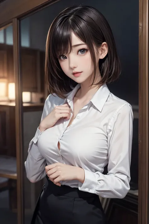 1 girl, Mid Shot Angle , wallpaper, digital paint, cute anime , uses straight bob hair , beautiful breasts, radiant skin, Natural Face Lighting , The excrement style business suit, dress shirt, skirt, ((large breasts)), (masterpiece, of the bes...