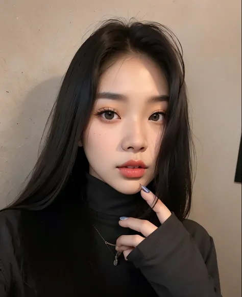 A close-up of a person with long hair and a black shirt, heonhwa choe, Korean girl, cruel korean goth girl, Jaeyeon Nam, Jinyoung Shin, ulzzang, lee ji - eun, Lee Ji-eun, Kim Doyoung, beautiful South Korean woman , Blackpink Jennie, Adorable Korean face, ...