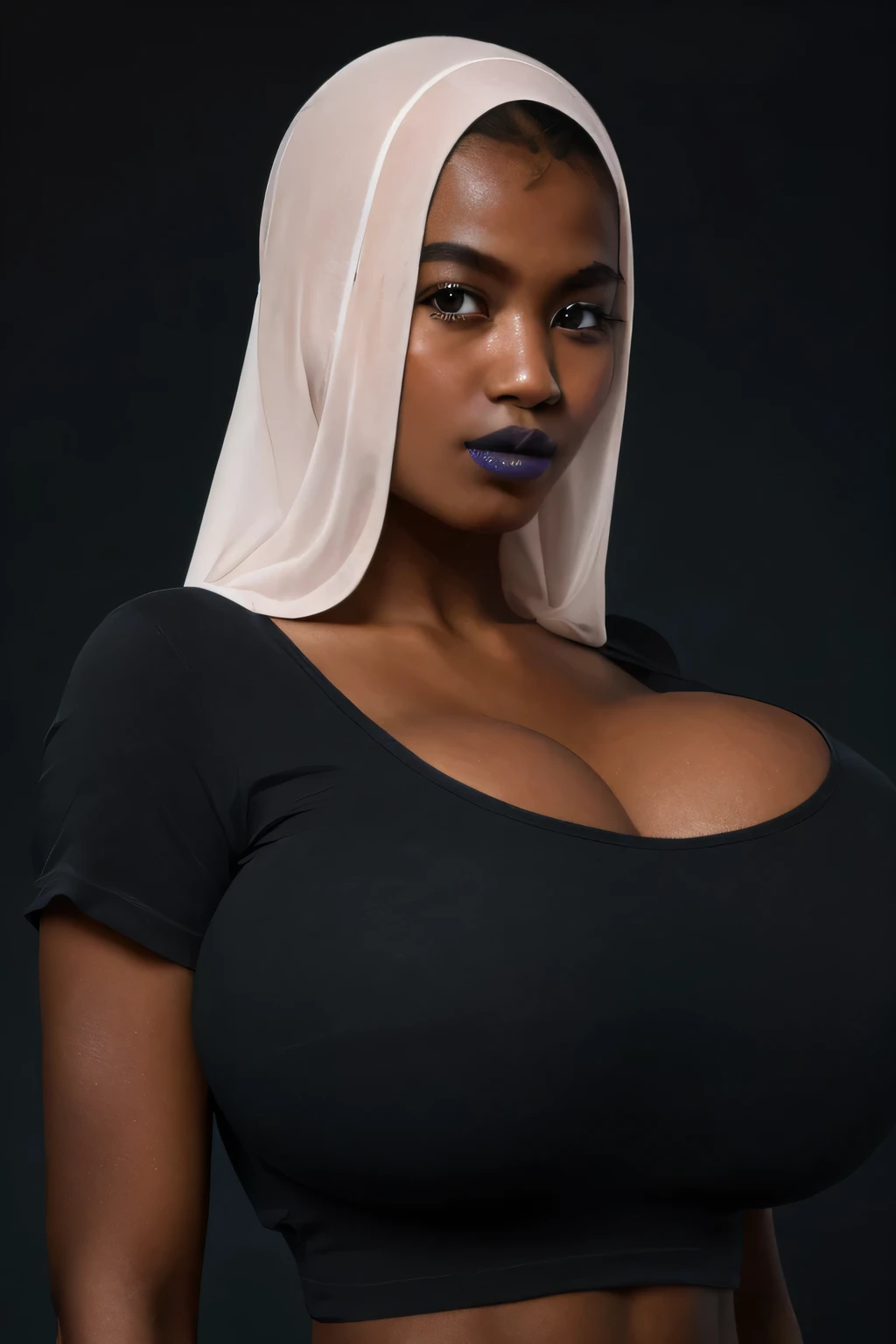 Skinny, green fluorescence Strapless Jumbo (Fatty), adorable, (1 girl), (face to face), , baby face, sad, half body portrait, (face details: 1), (eye details: 1), ((big breasts Solid:1.54)). wearing translucent (transparent) transparency (soft short t-shir...