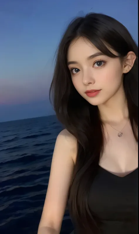 (Original photo of 8K,best qualtiy,tmasterpiece:1.2),(Medium view),the night,Night on a yacht,Sea and night view in the background,best qualtiy,tmasterpiece,(Small mouth:1.hort- sleeved,short- sleeved,short- sleeved,short- sleeved,an extremely delicate and...